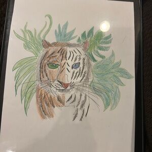Hand-Drawn Tiger Portrait Art Print in Green and Brown